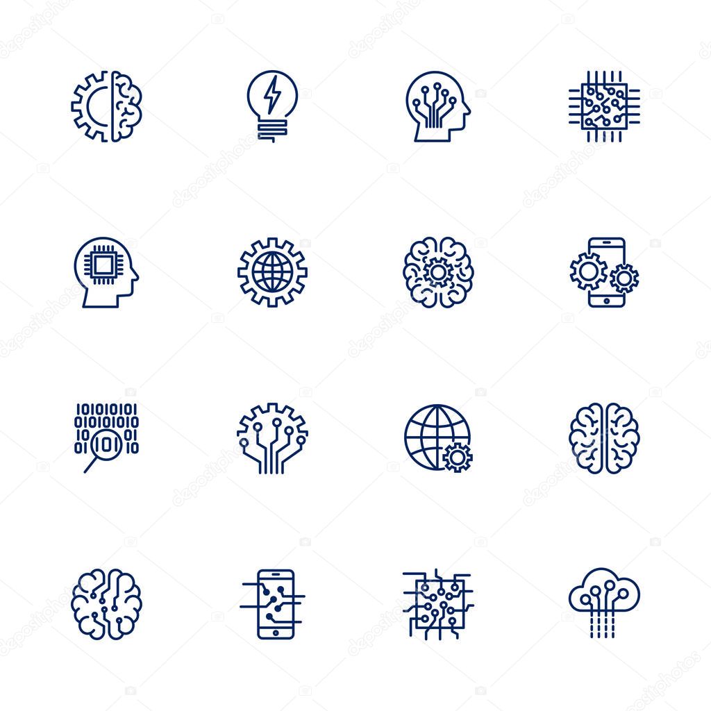 Vector icon set for artificial intelligence concept. Various symbols for the topic AI using flat design