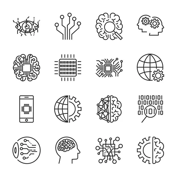 Künstliche Intelligenz. Vektor-Icon-Set für künstliche Intelligenz ai Konzept. verschiedene Symbole für das Thema in flacher Bauweise. editierbarer Schlaganfall — Stockvektor