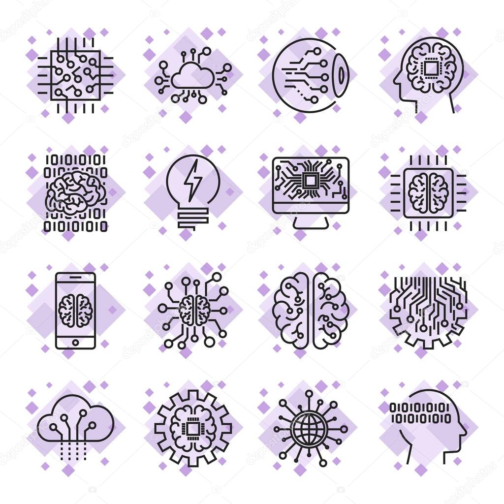 Vector icon set for artificial intelligence concept. Various symbols for the topic using flat design. Editable Stroke