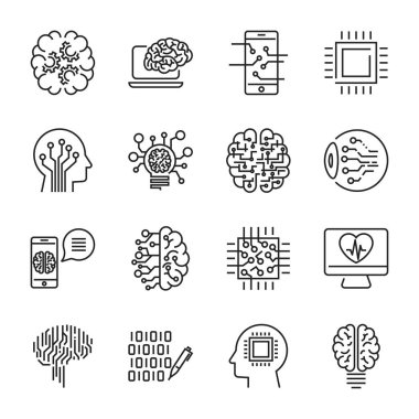 Simple set of artificial intelligence related line icons contain