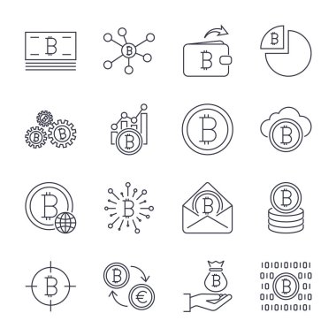 Çizgi kontur vektör bitcoin ve cryptocurrency simgeler kümesi. Mini