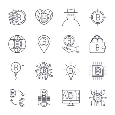 Vektör bitcoin satır simgeler kümesi. Yatırımlar, ödemeler ve Kur tut