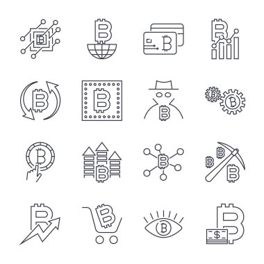 Blockchain, Cryptocurrency Icons set. Düzenlenebilir kontur.