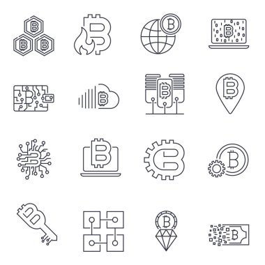 Blockchain, Bitcoin, Cryptocurrency Icons set. Bitcoin ve blok