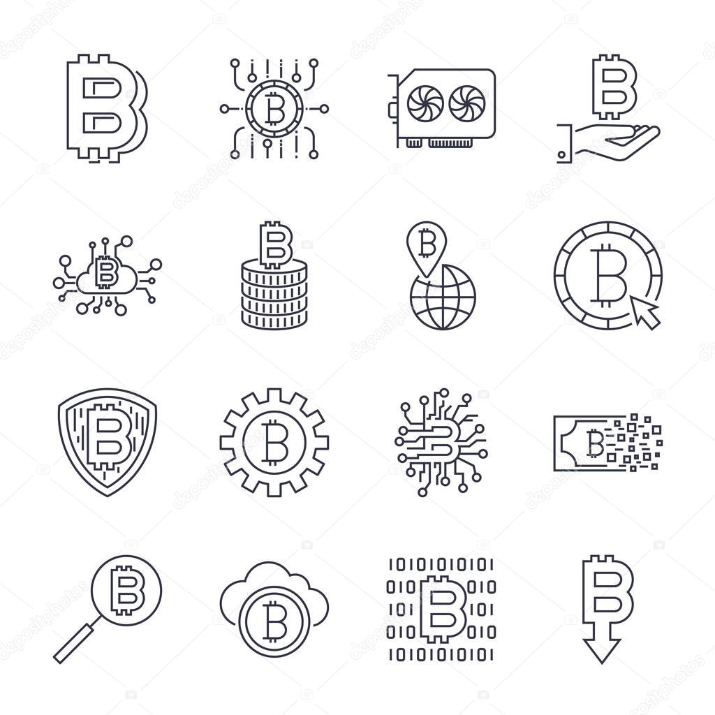 Set of vector bitcoin line icons. Investments, payments and exchange, internet banking, wallet, bundle of money, hand with a coin and more. Editable Stroke.
