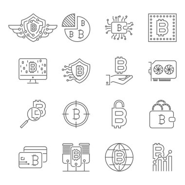 Blockchain, Cryptocurrency Icons set. Madencilik, Bitcoin, Btg, Btc,