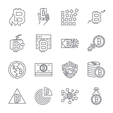 Bitcoin, Cryptocurrency simgeler ince tek renkli simge seti, siyah ve beyaz kit. Düzenlenebilir kontur.
