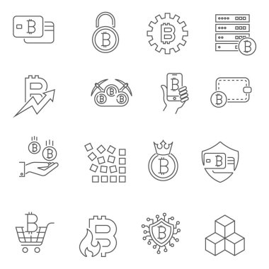 Vektör hat Cryptocurrency simgeler. İnce anahat Bitcoin sembolleri. 