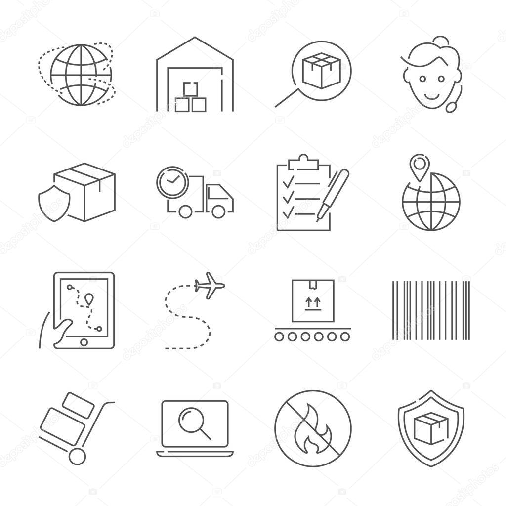 Parcel delivery service and logistics icon set. Fast delivery and quality service transportation. Shipping vector icons for logistic company. Editable Stroke.