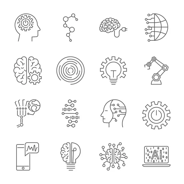 Ensemble simple d'icônes de ligne vectorielle liées à l'intelligence artificielle. Contient des icônes telles que la reconnaissance faciale, l'algorithme, l'auto-apprentissage et plus encore. AVC modifiable . — Image vectorielle