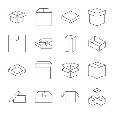 Modern ince çizgi stili kutusunda simgeler kümesi. Web sitesi tasarımı ve mobil uygulamalar için yüksek kaliteli siyah anahat paket sembolleri. Beyaz bir arka plan üzerinde basit doğrusal ahşap sandık sembollerin.