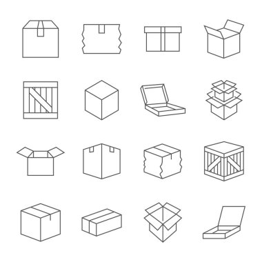 Kutusunu işaretler. Çeşitli kutuları kapsayıcıları ve kutuları. Icon set satır. Vektör çizim. Düzenlenebilir kontur