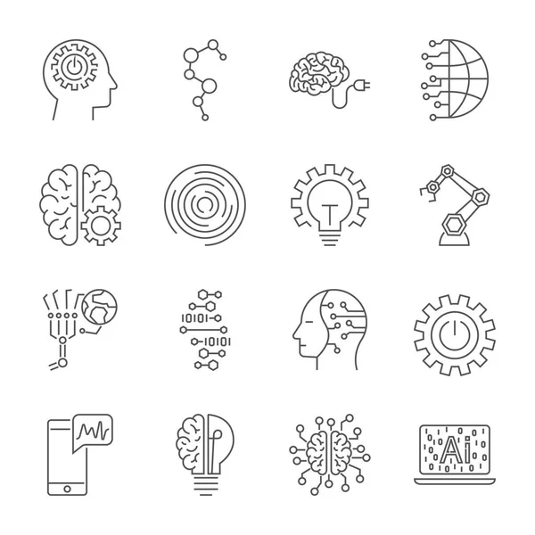 Einfache Reihe von Symbolen für Vektorzeilen im Zusammenhang mit künstlicher Intelligenz. enthält Symbole wie Gesichtserkennung, Algorithmus, Selbstlernen und mehr. editierbarer Schlaganfall. — Stockvektor