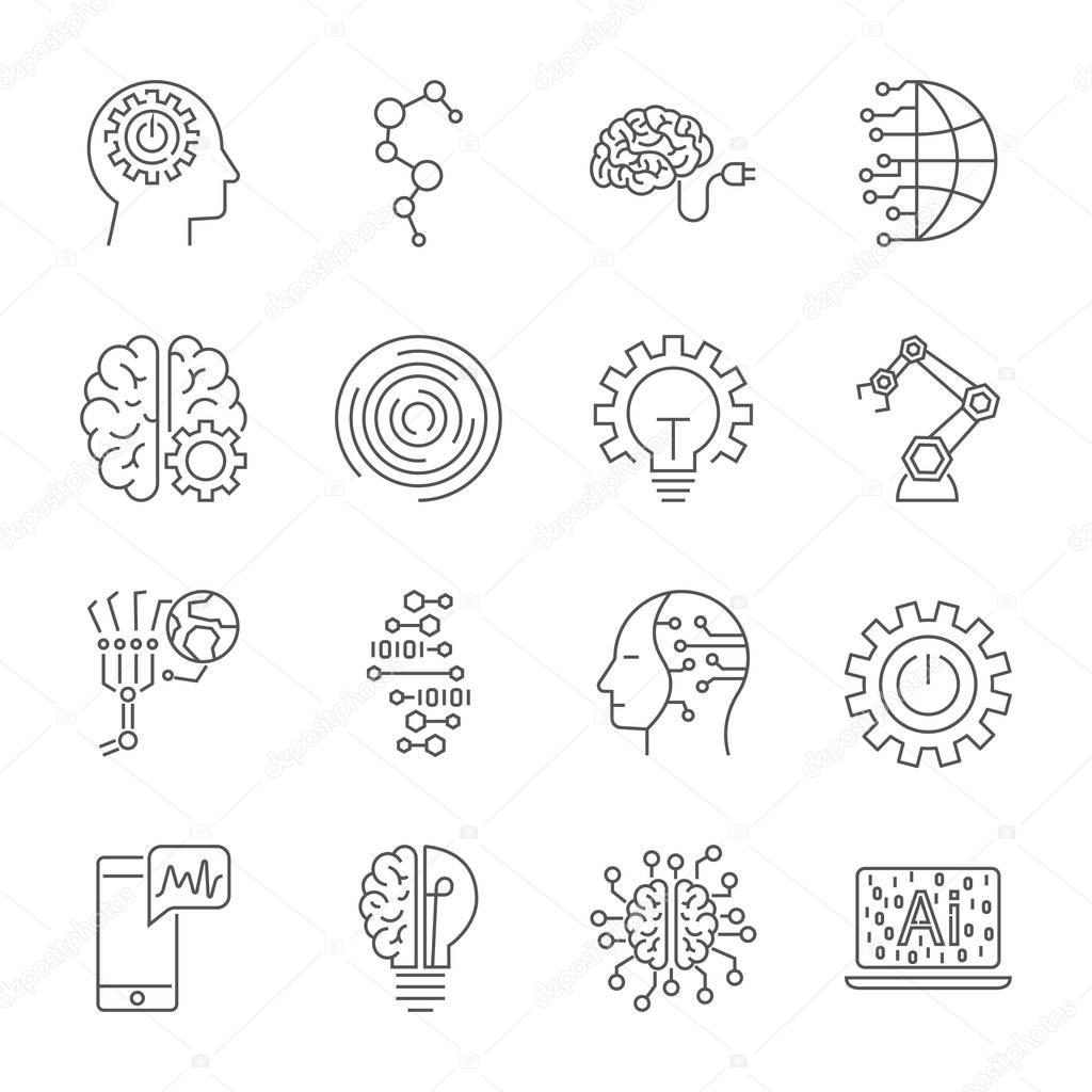 Simple Set of Artificial Intelligence Related Vector Line Icons. Contains such Icons as Face Recognition, Algorithm, Self-learning and more. Editable Stroke.