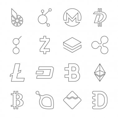 Kripto para birimi logo paralar kümesi: Bitshares, Bitconnect, Monero, Digibyte, Golem, Zcash, Stratis, dalgalanma, Litecoin, çizgi, Bytecoin, Ethereum, Bitcoin, Siacoin, Nem, Dogecoin. Düzenlenebilir kontur