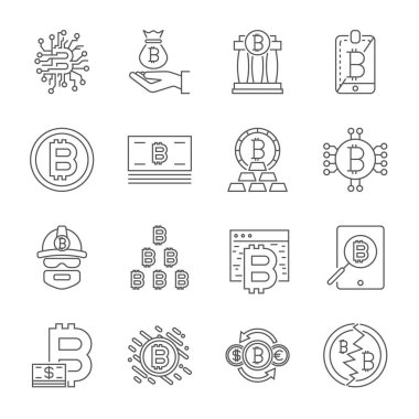 Cryptocurrency satır Icons Set. İnce anahat Bitcoin Finans sembolleri vektör koleksiyonu. Düzenlenebilir kontur