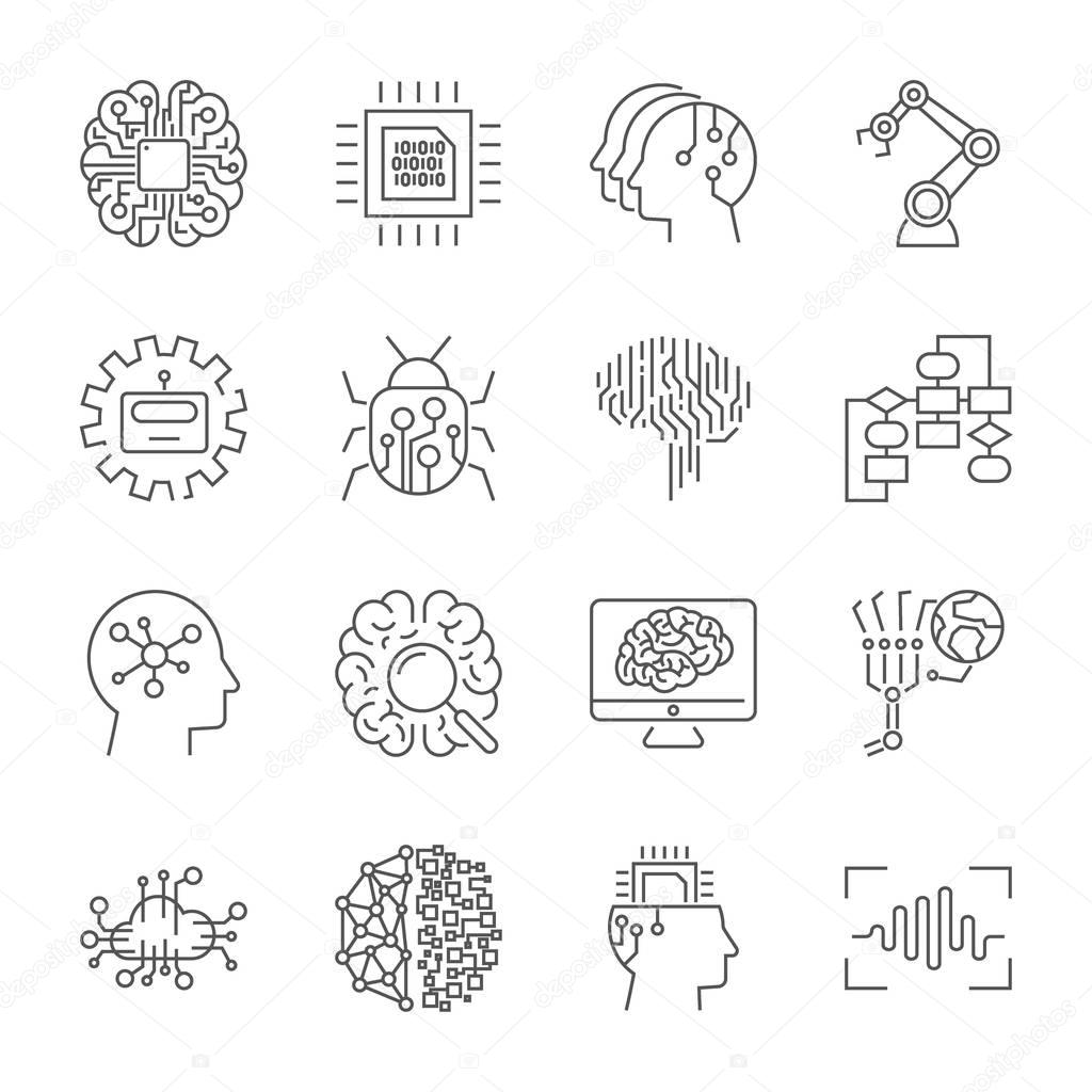Set of machine learning line icons. Simple pictograms pack. Vector illustration on a white background. Modern outline style icons collection. Editable Stroke. EPS 10