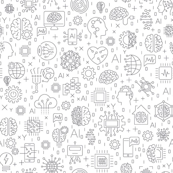 Machine learning and artificial intelligence concept. Robot and human graphic, gears, chip, processor, brain and other. Seamless Pattern — Stock Vector