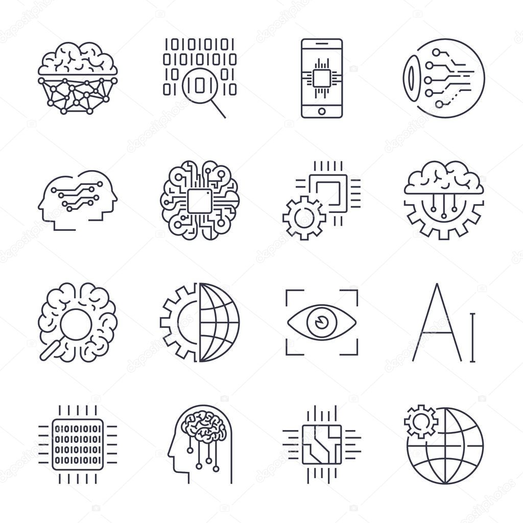 Icons set for artificial intelligence AI concept. Artificial intelligence AI line icons. Innovation technology manufacturing and programming. Editable Stroke