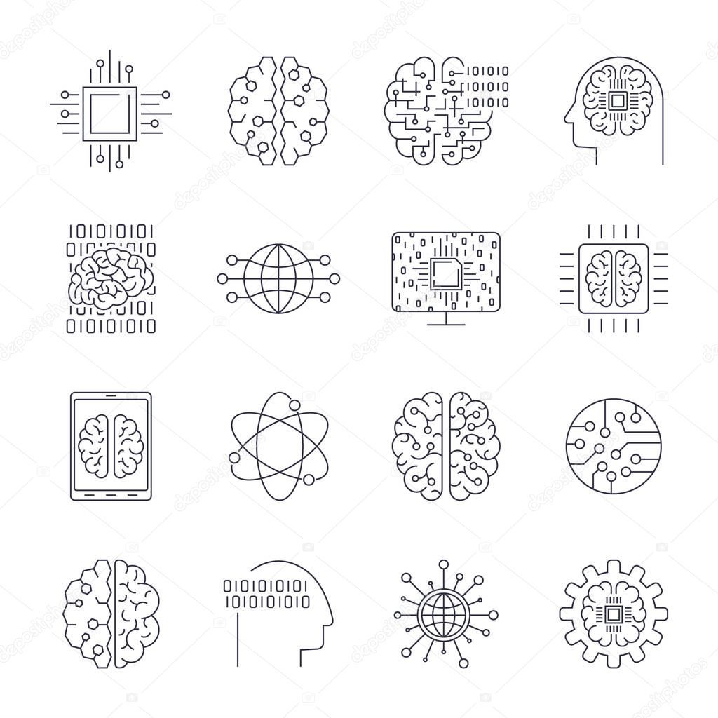 Icons in contour, thin and linear design. Artificial Intelligence, Modern technology. Concept illustration for website, apps, programs. AI, IoT, Robot, Cyber brain chipping and other EPS 10