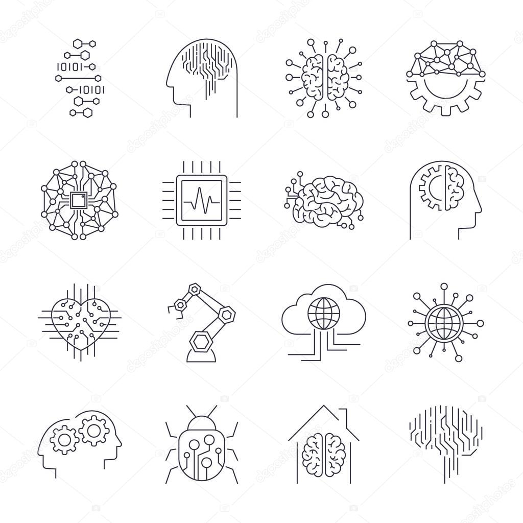 Simple set of artificial intelligence related line icons AI . Editable Stroke.