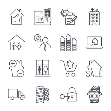 Emlak ince simgeler. El sıkışma, sözleşme, bilding, banyo, ev ve diğer. Düzenlenebilir darbesiyle ayarla simgesini