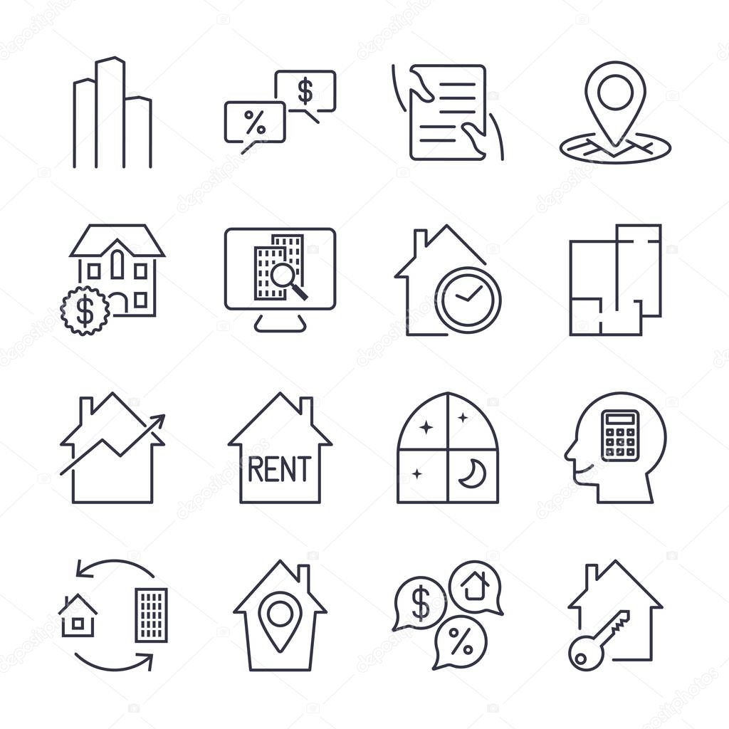 Real Estate Icons. Professional, pixel perfect icons optimized for both large and small resolutions. EPS 10 format. Editable stroke