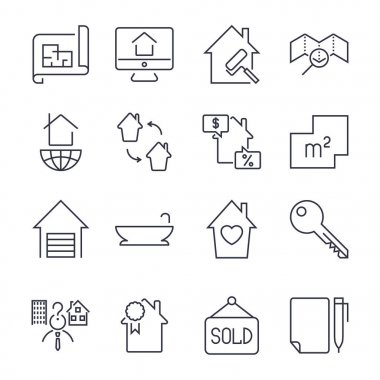 Emlak satın alma, satış ve Kiralama işaretleri değişim, banyo, sözleşme, plan ve diğerleri ayarlayın. Düzenlenebilir darbesiyle ayarla simgesini