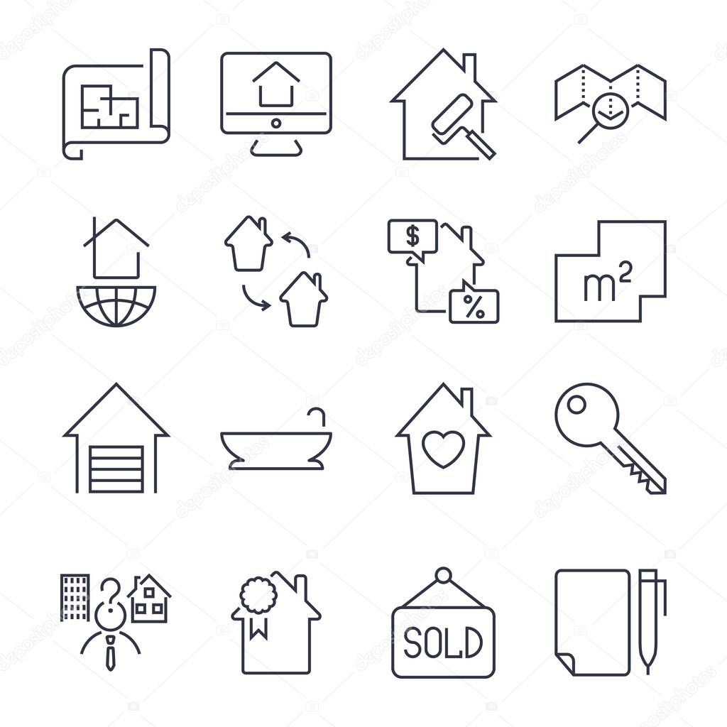 Real estate buying, selling and renting signs set change, bathroom, contract, plan and others. Icon set with editable stroke