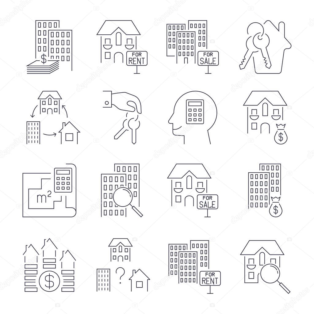 Real estate thin line art icons set. Residential and commercial building deals. Linear style symbols isolated on white. Icon set with editable stroke