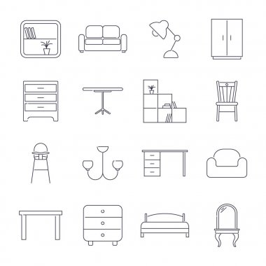 İnce çizgi stili ev mobilyaları simgeler koleksiyonu. Düzenlenebilir kontur.