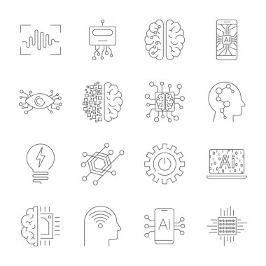 Geleceğin teknolojileri simgeler. AI, kuantum bilgisayar, robot, çok, Cpu ve diğer akıllı. Düzenlenebilir kontur.