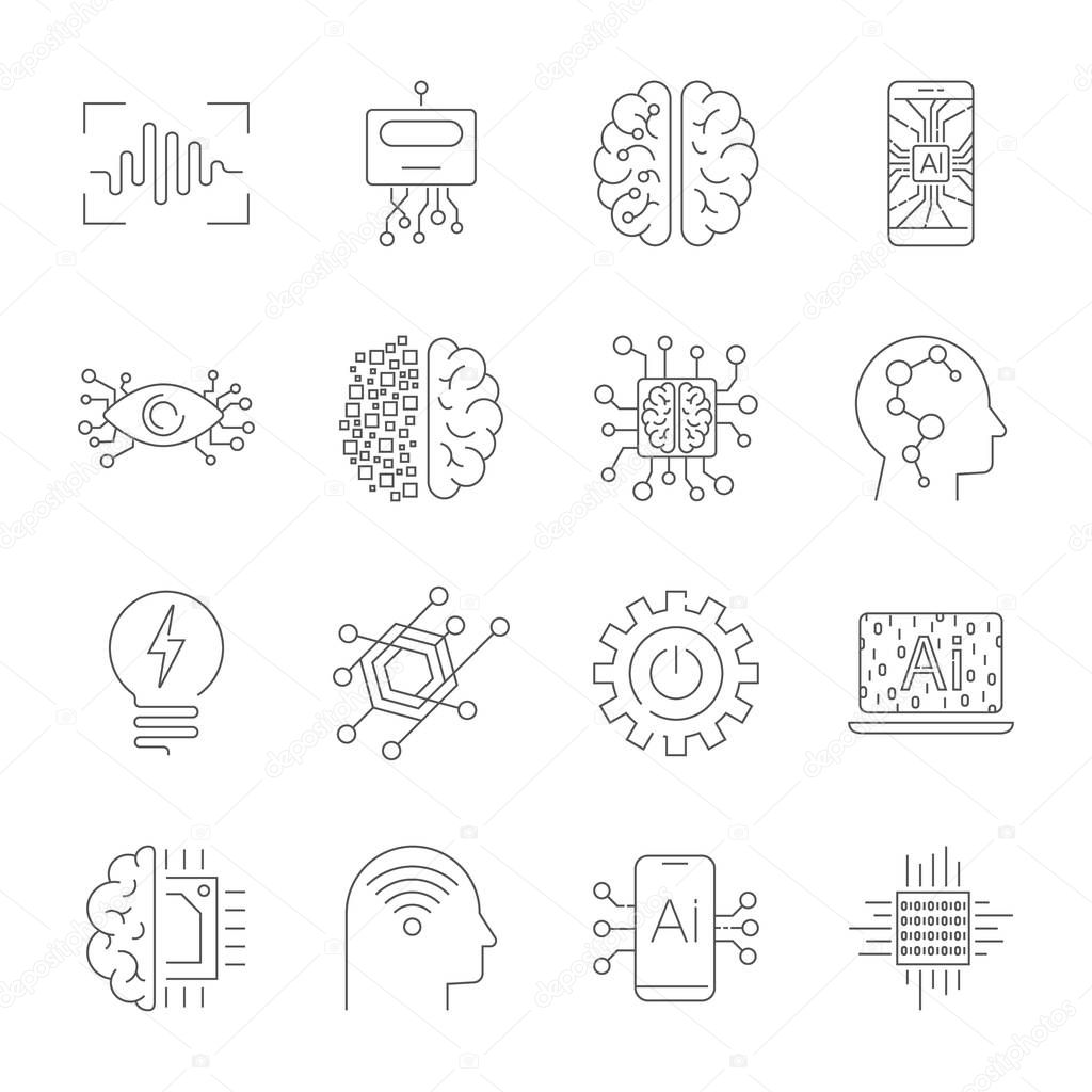 Future technologies icons. AI, quantum computing, robot, IoT, smart CPU and other. Editable Stroke.