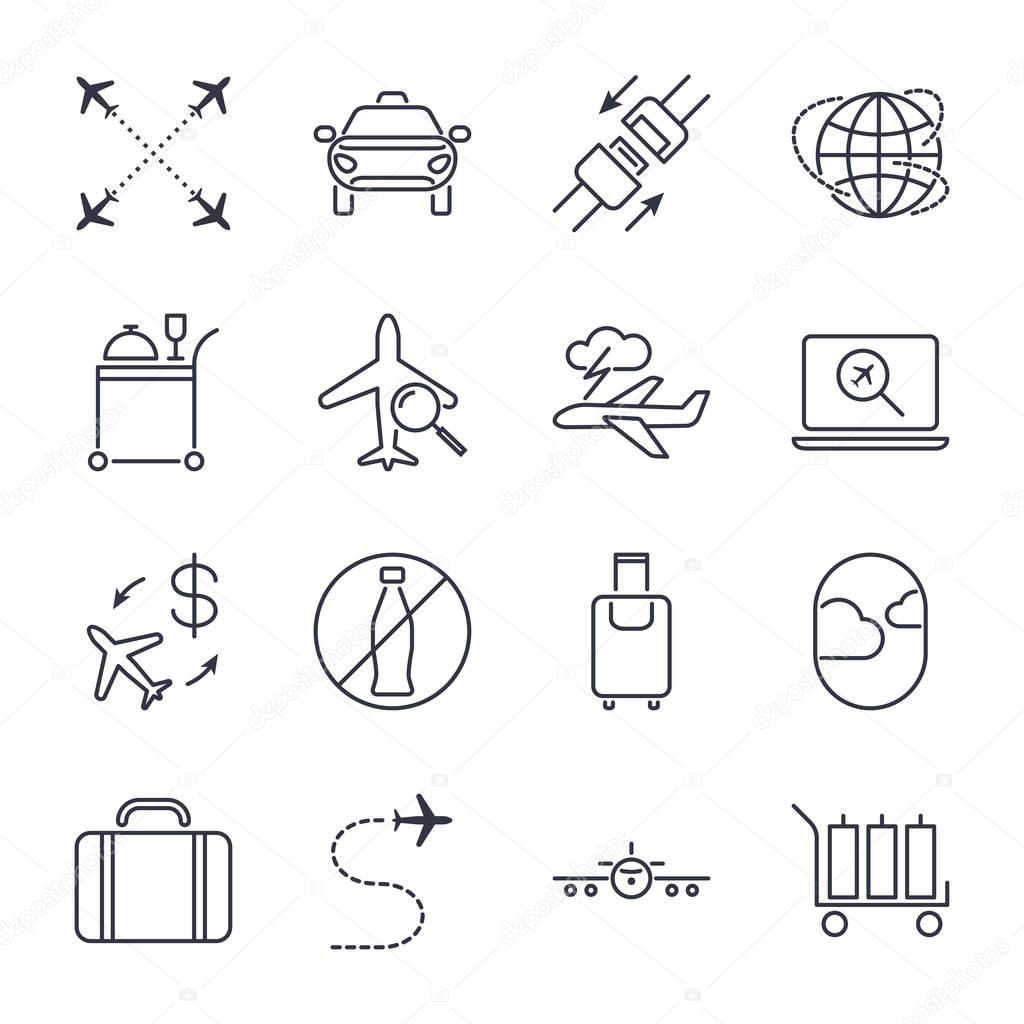 Airport icon set. Universal airport and air travel icons. Airway, luggage, food, airplane, seat belt and others. Vector illustration. Icon set with editable stroke