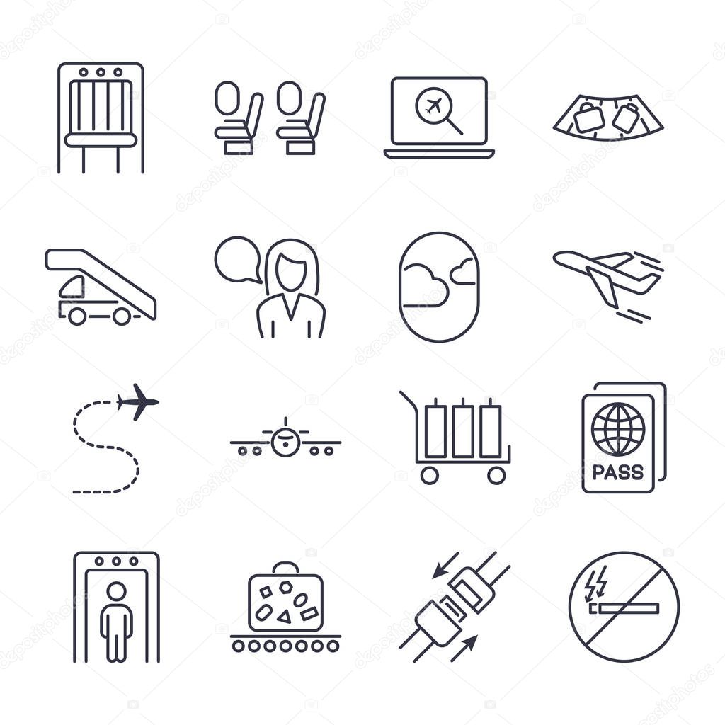 Airport icon set. Universal airport and air travel icons airplane,baggage, boarding, flight, passport, security, takeoff, air way, seat belts, no smoking. Vector illustration Editable stroke