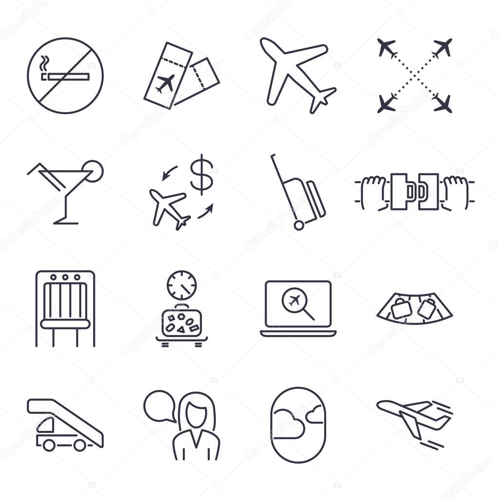 Airport and Airplane icons set. Tickets, no smoking, loading, seat belt and other. Flat Icons set for Website and Mobile applications. Icon set with editable stroke