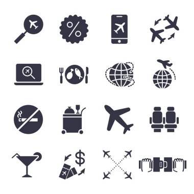 Havaalanı ve uçak elemanları Icons set. Teslimat simgeler Evrensel web ve mobil için ayarlayın. Uçak, arama, koltuğu bel, hava yolu ve diğer. EPS 10. Düzenlenebilir kontur.