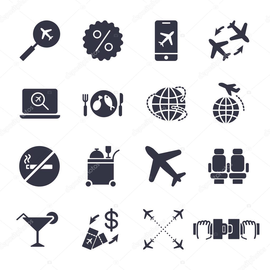 Airport and Airplane Elements icons set. Delivery icons universal set for web and mobile. Plane, search, seat bels, airway and other. EPS 10. Editable Stroke.