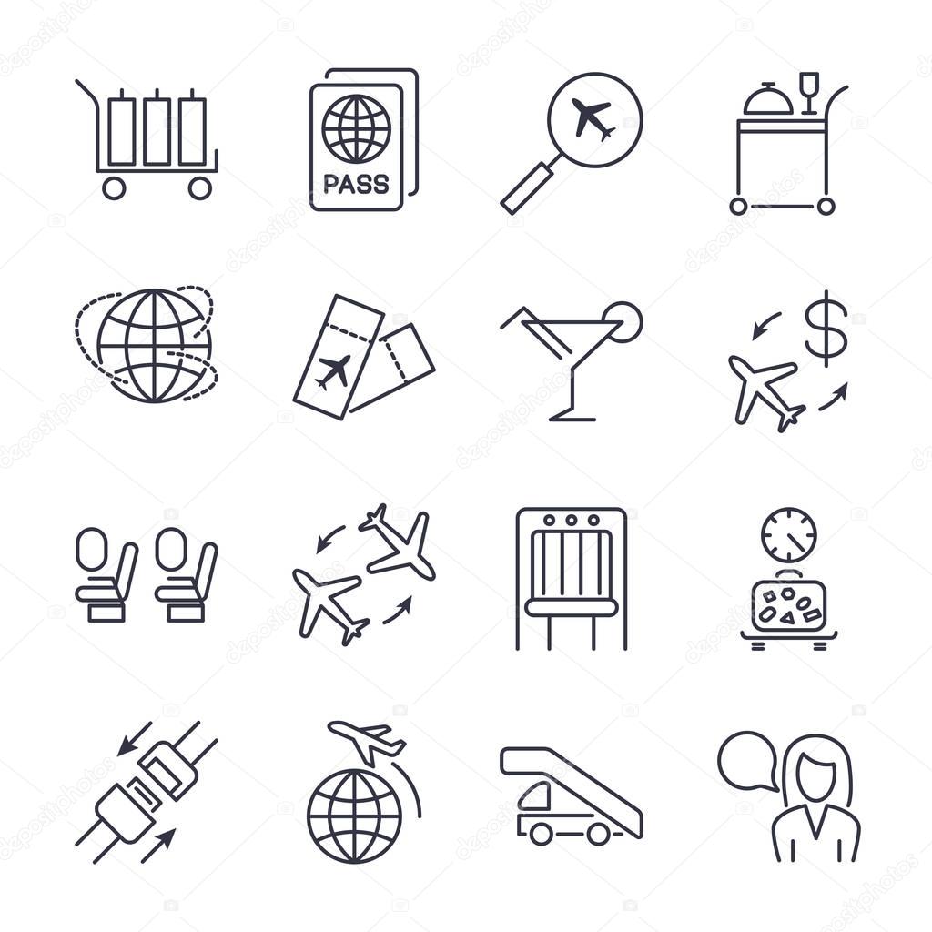 Simple airport icons set. Universal airport icons to use for web and mobile UI, set of basic UI airport elements. Baggage, plane,tickets, airway, seat belts and other. Icon set with editable stroke
