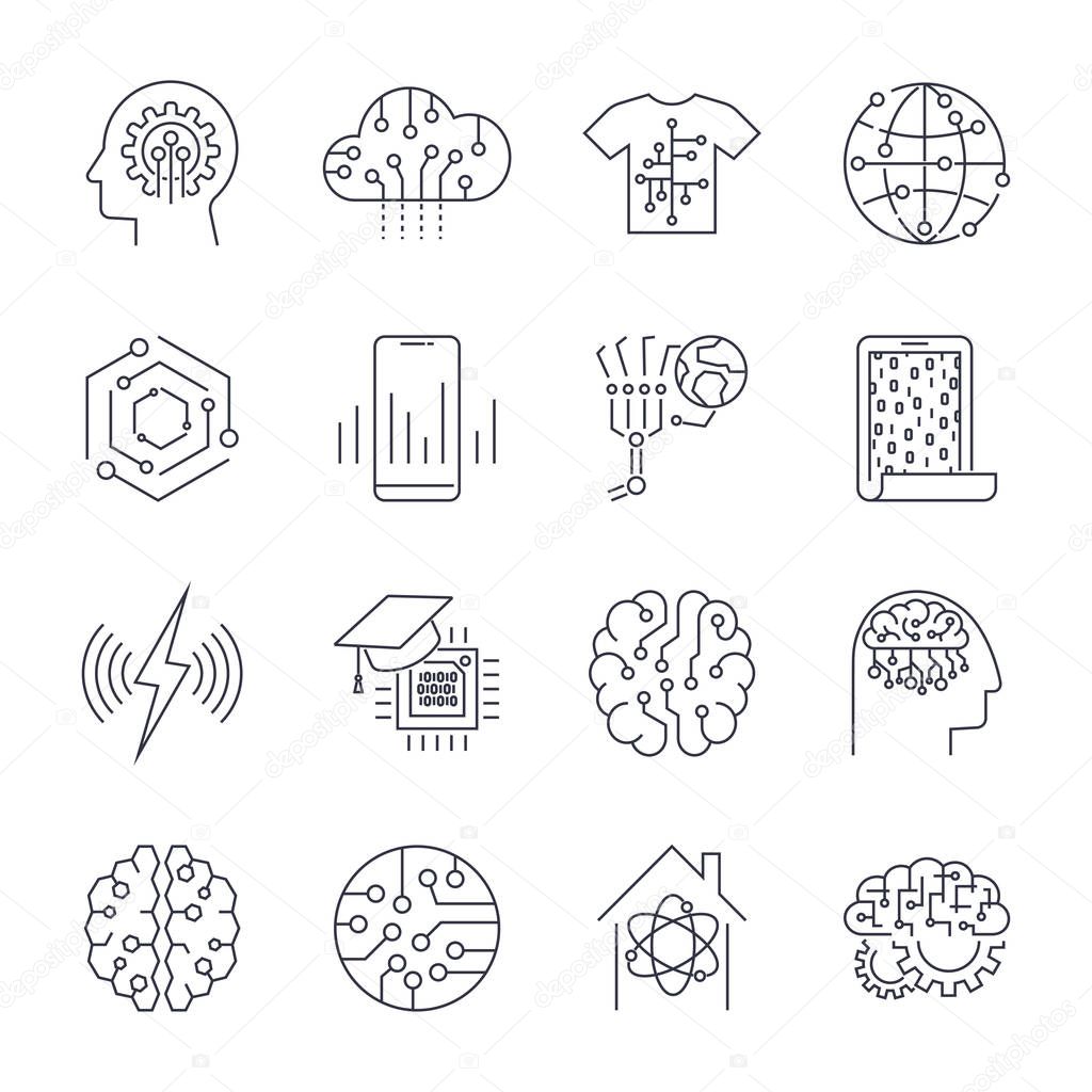 Set of icons in trendy linear style innovation and new technologies artificial. AI, IoT. Editable Stroke.