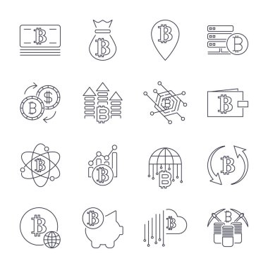 Blockchain cryptocurrency hat Icon set simgeleri e m-cüzdan dijital blok para dahil. Düzenlenebilir kontur.