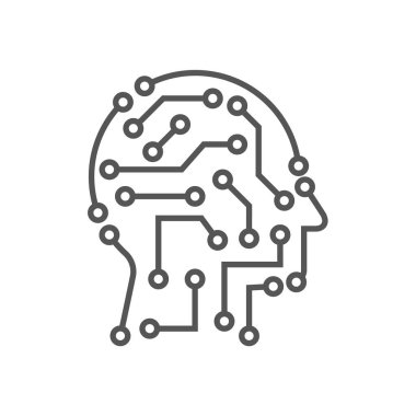 Tekno insan kafa vektör logosu çizimi. Yaratıcı fikir işareti. Simge öğreniliyor. İnsanların bilgisayar çipi. Yenilik teknolojisi sembolü. Dijital modern iletişim. Müdürüm. Düzenlenebilir Vuruş.