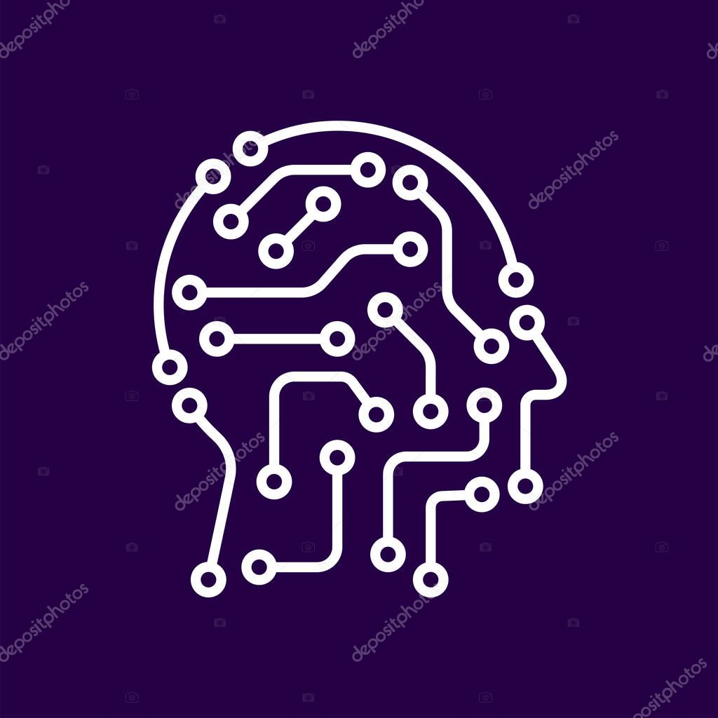 Techno human head vector logo concept illustration. Creative idea sign. Learning icon. People computer chip. Innovation technology symbol. Digital modern communication. Editable Stroke. EPS 10