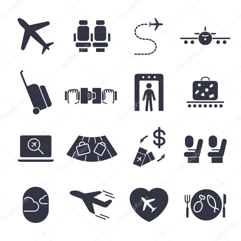 Airport icon set, airport management icons, aerial transportation icons plane, seat, airway, rechange, suitcase and other