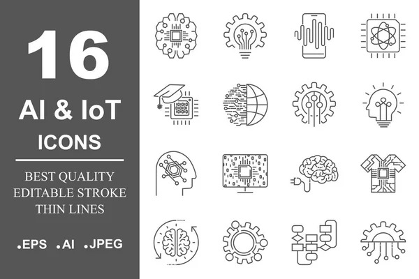 IA et IoT. Icônes de l'intelligence artificielle ensemble. Un AVC modifiable. SPE 10 — Image vectorielle