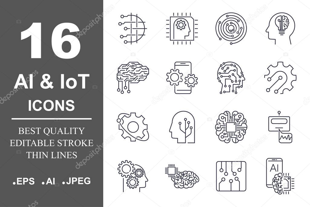 Set of machine learning line icons. Simple pictograms pack. Vector illustration on a white background. Modern outline style icons collection. Editable Stroke.