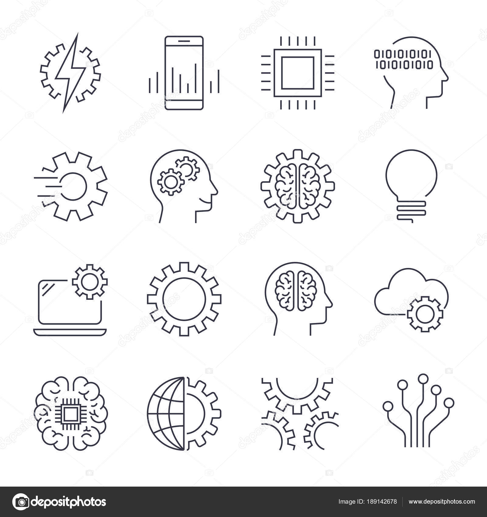 一组简单的人工智能相关矢量线图标。包含了人脸识别、算法、自学等图标。可编辑描边。Eps 10 图库矢量图©defmorph1 189142678