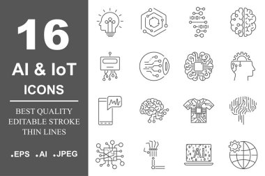 AI Icon set. Veri bilim teknoloji, öğrenme sürecinde makine. Veri Insight, dönüştürme, ölçeklenebilir, API modelleme. Düzenlenebilir kontur