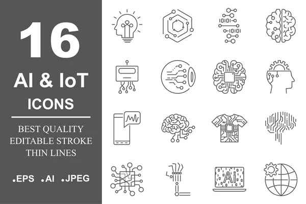 AI Icon set. Veri bilim teknoloji, öğrenme sürecinde makine. Veri Insight, dönüştürme, ölçeklenebilir, API modelleme. Düzenlenebilir kontur