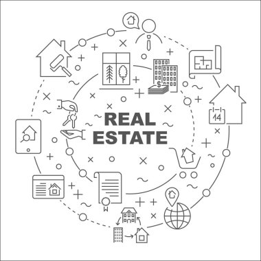 Doğrusal illüstrasyon turda sunular için. Emlak Tema. Düzenlenebilir kontur